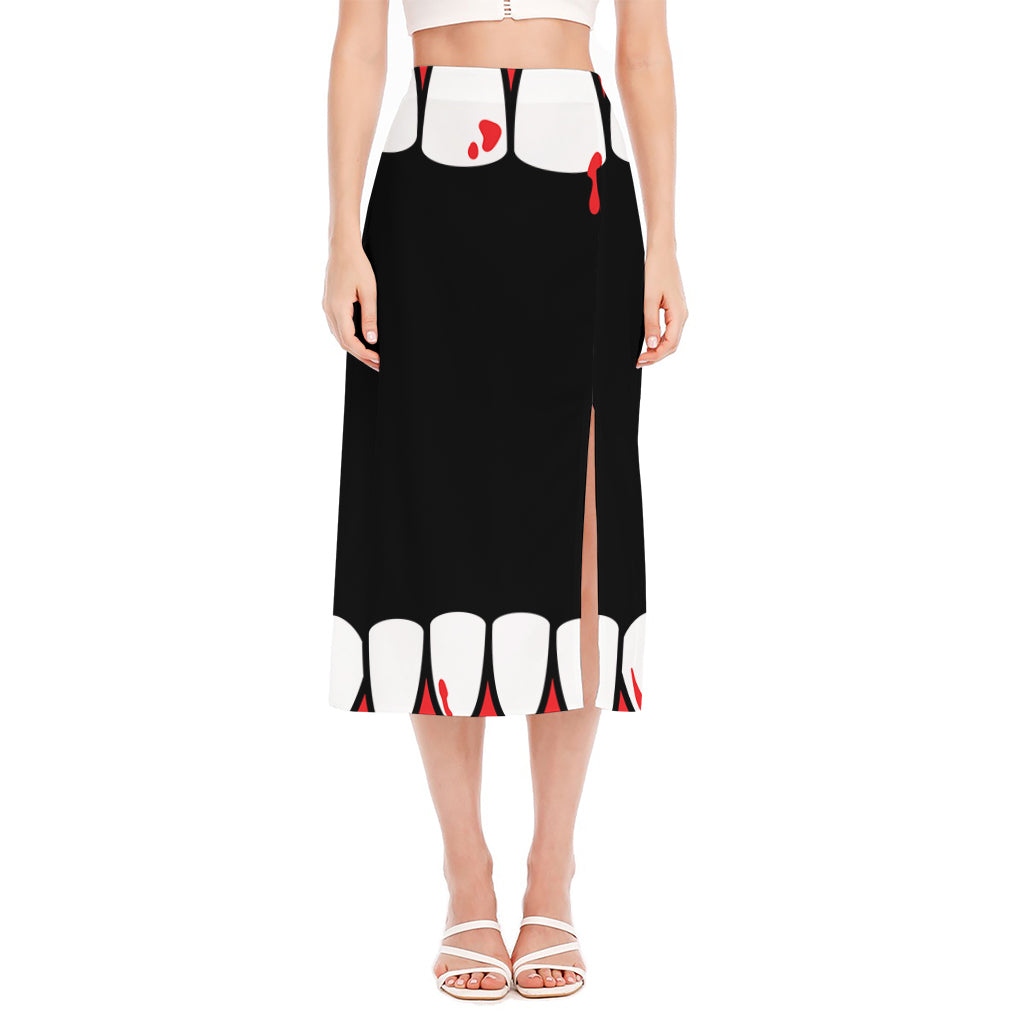 Dracula Fang Print Side Slit Midi Skirt