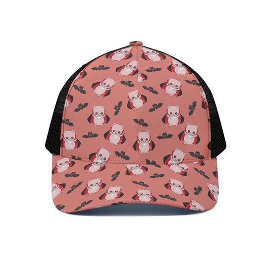 Dracula Pig Pattern Print Black Mesh Trucker Cap