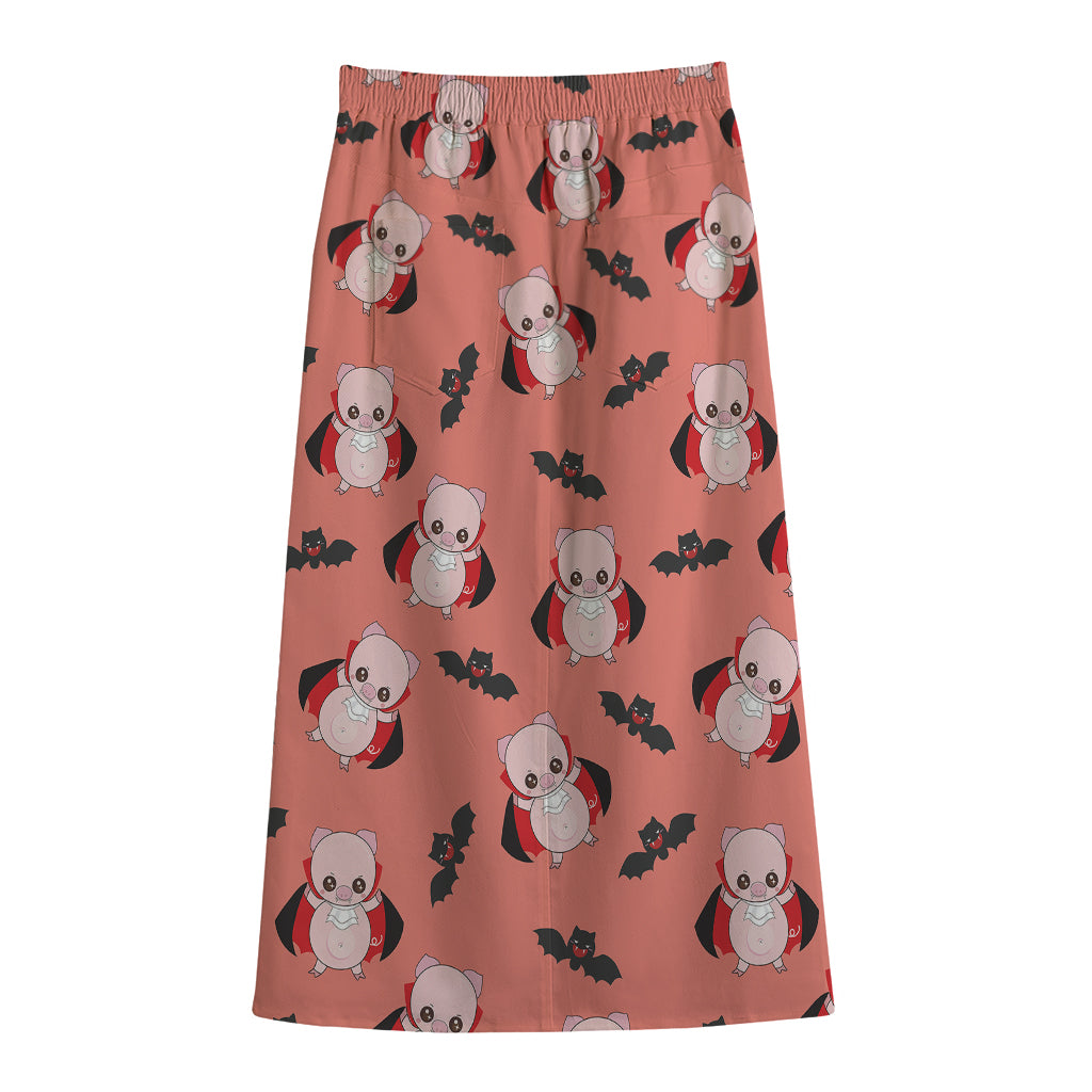 Dracula Pig Pattern Print Cotton Front Slit Maxi Skirt