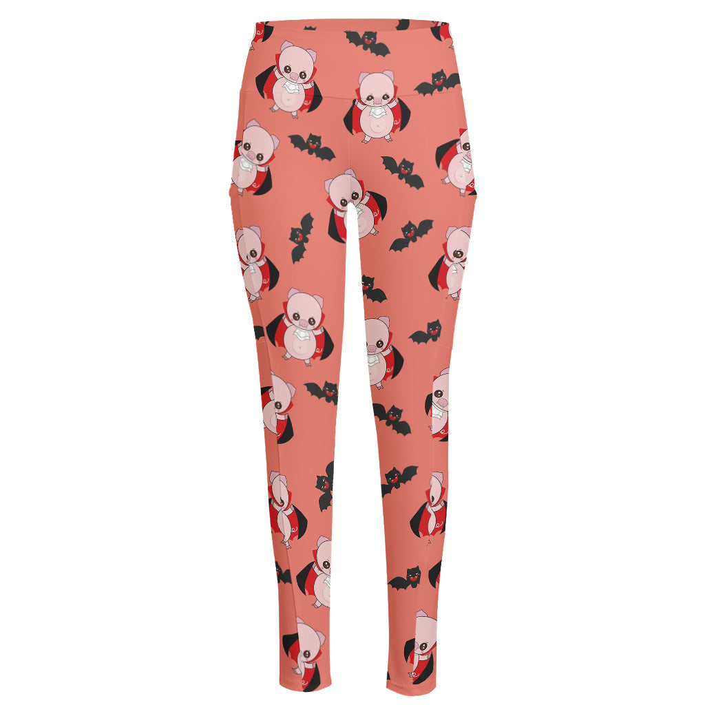 Dracula Pig Pattern Print High-Waisted Pocket Leggings