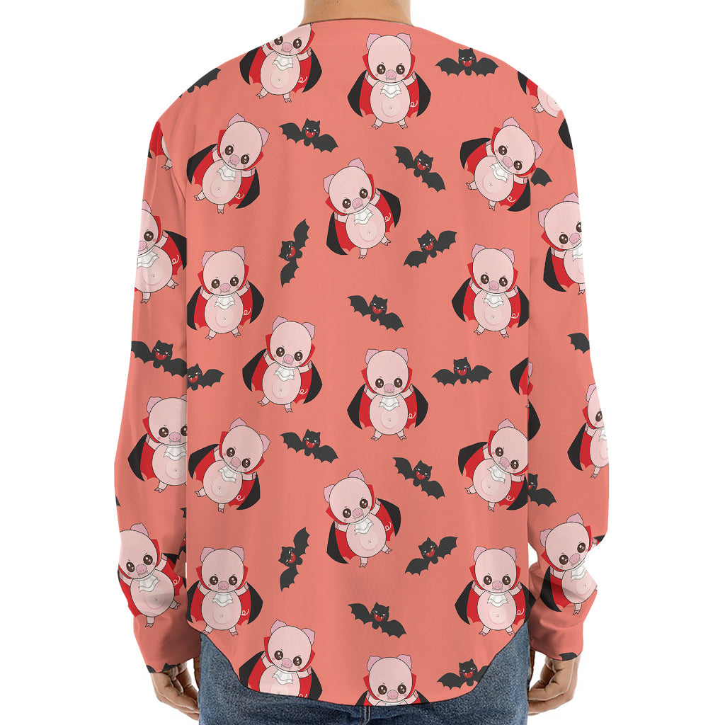 Dracula Pig Pattern Print Long Sleeve Baseball Jersey