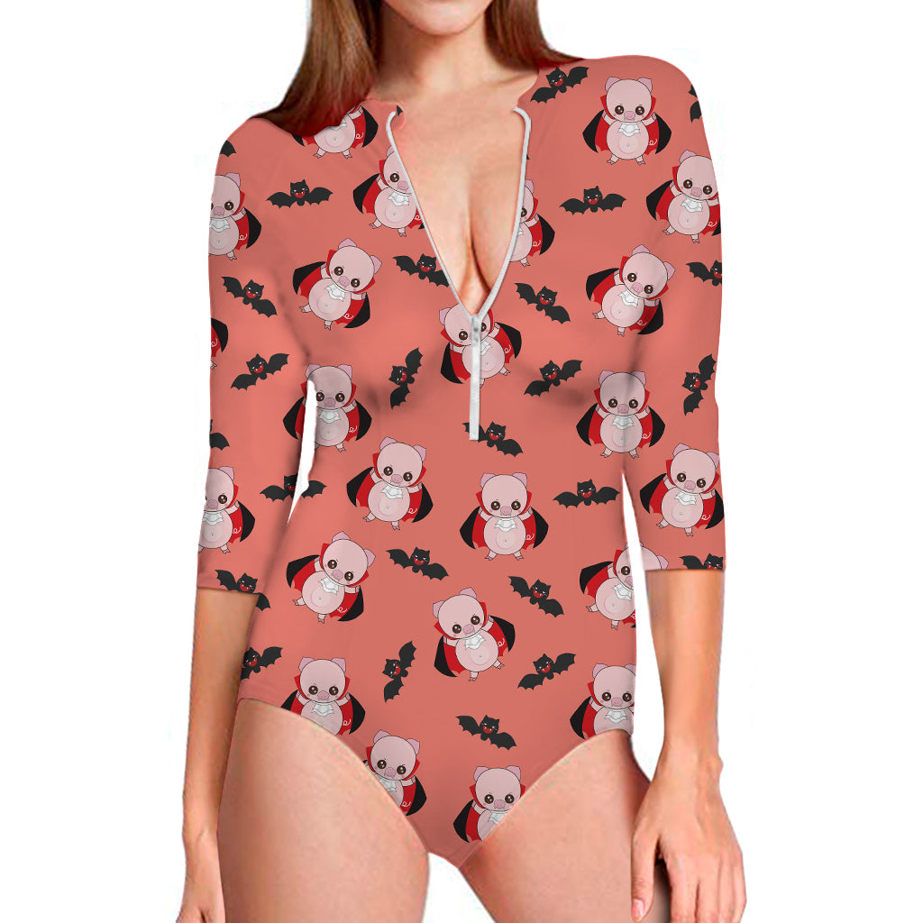 Dracula Pig Pattern Print Long Sleeve Swimsuit