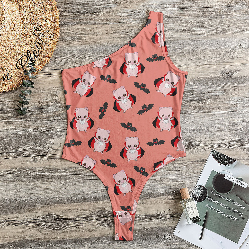 Dracula Pig Pattern Print One Shoulder Bodysuit