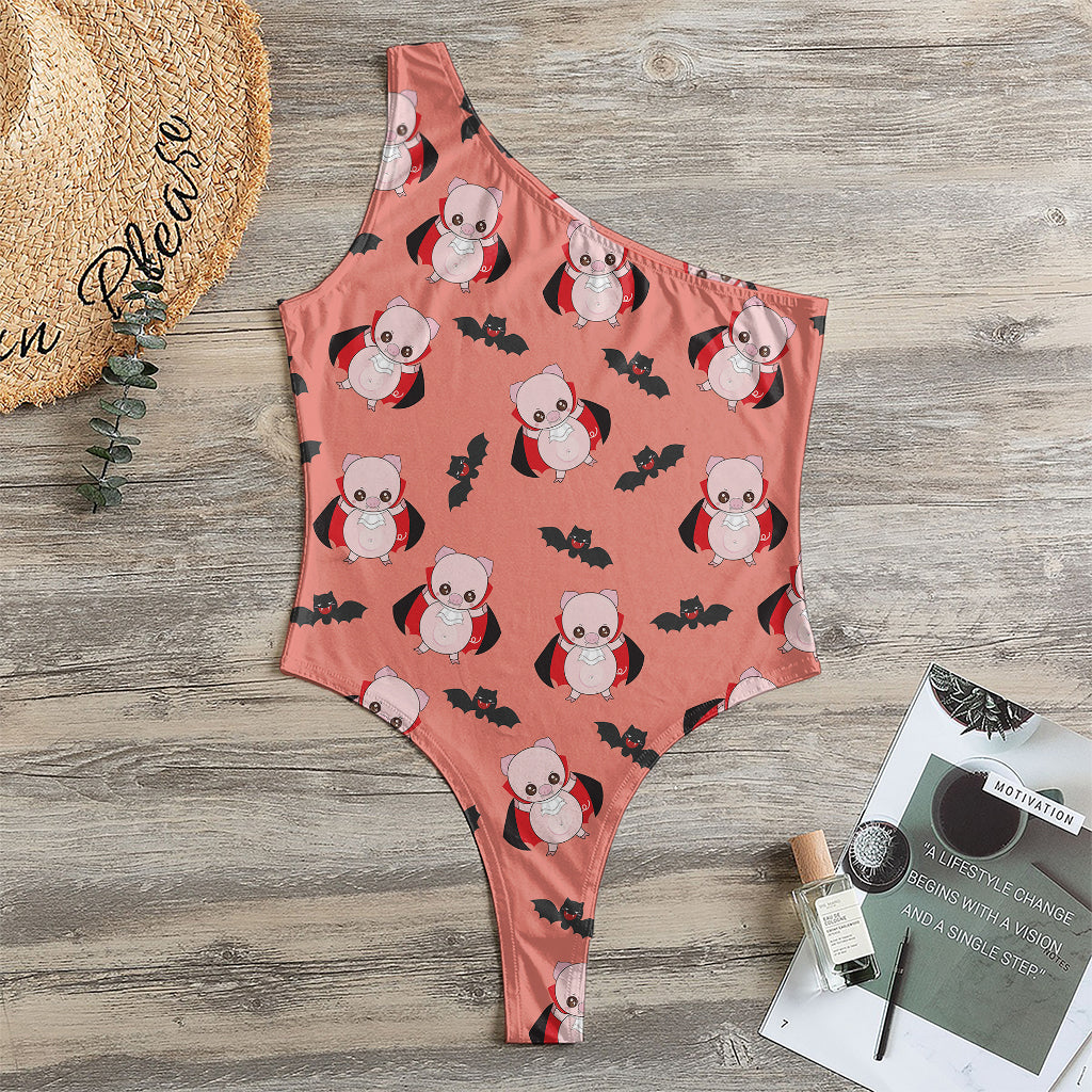 Dracula Pig Pattern Print One Shoulder Bodysuit