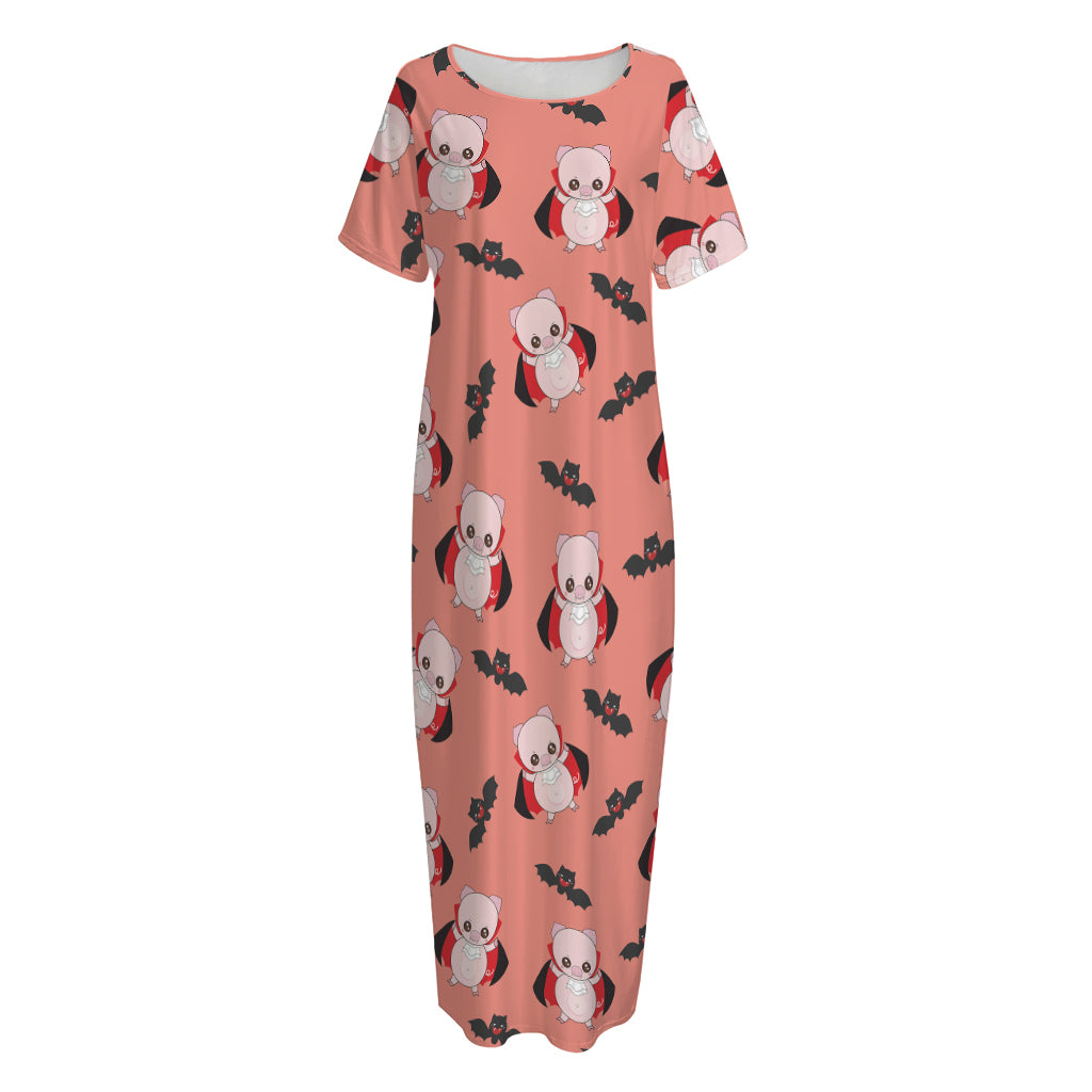 Dracula Pig Pattern Print Short Sleeve Long Nightdress