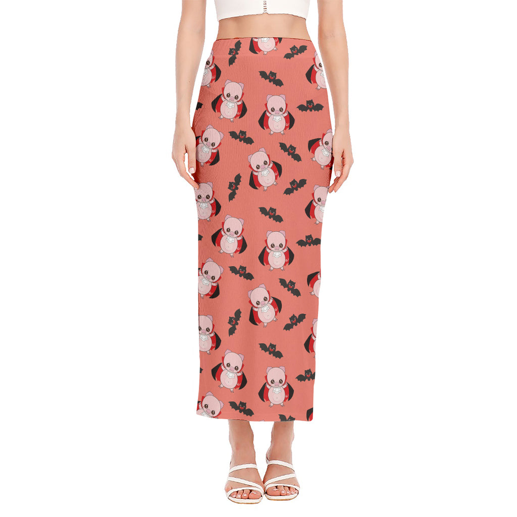 Dracula Pig Pattern Print Side Slit Maxi Skirt