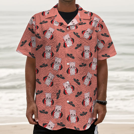 Dracula Pig Pattern Print Textured Short Sleeve Shirt