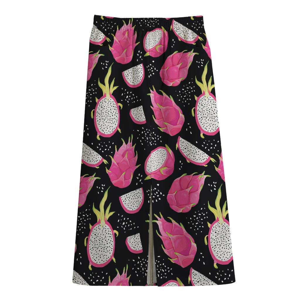 Dragon Fruit Pattern Print Cotton Front Slit Maxi Skirt