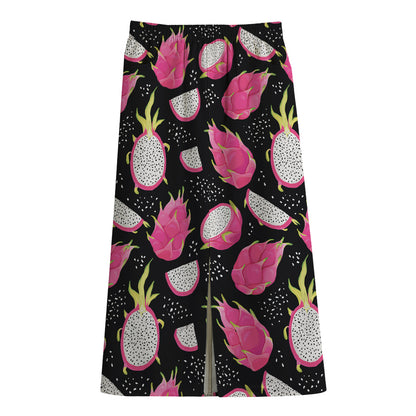 Dragon Fruit Pattern Print Cotton Front Slit Maxi Skirt