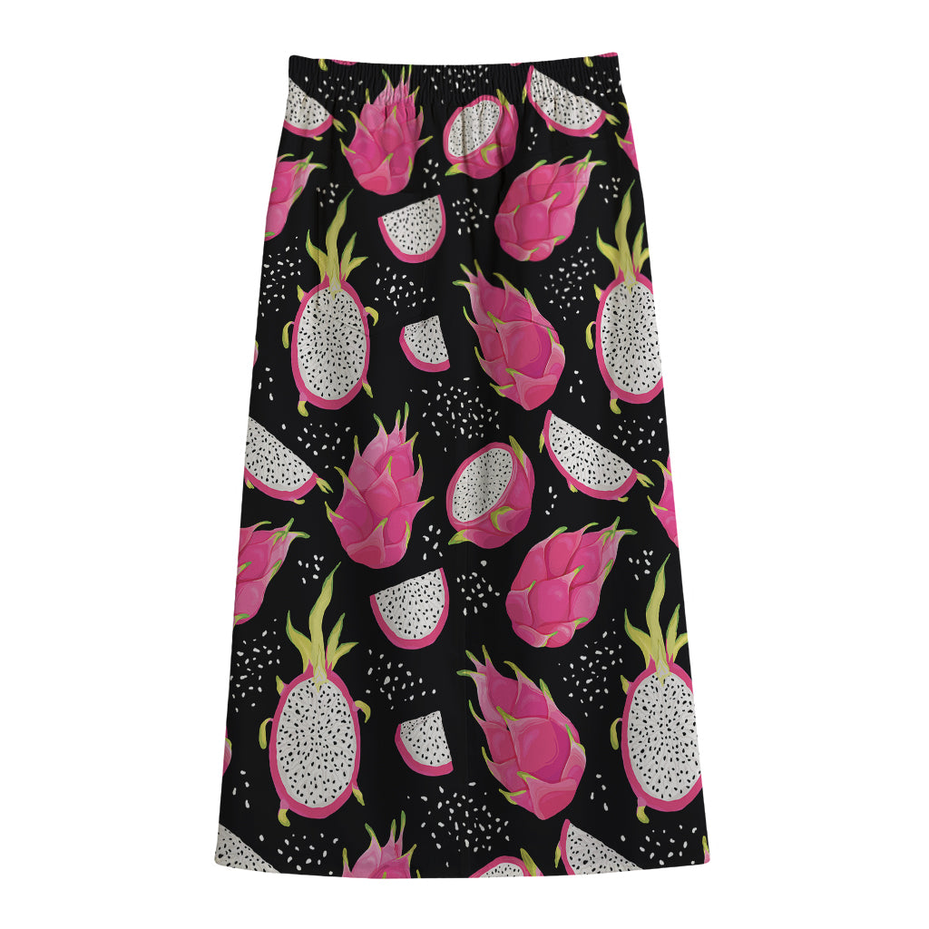 Dragon Fruit Pattern Print Cotton Front Slit Maxi Skirt