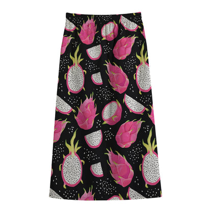 Dragon Fruit Pattern Print Cotton Front Slit Maxi Skirt