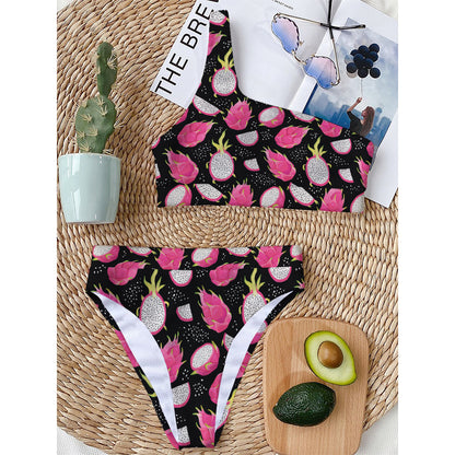 Dragon Fruit Pattern Print One Shoulder Bikini Top