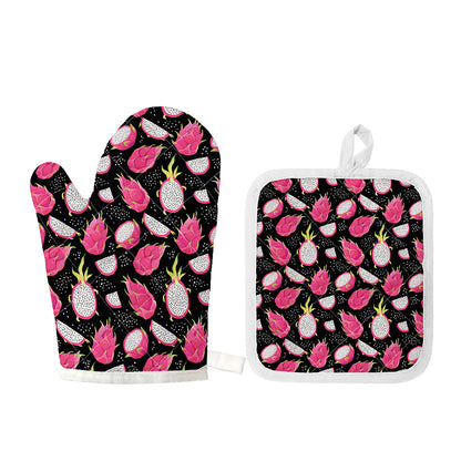 Dragon Fruit Pattern Print Oven Mitt And Pot Holder Set