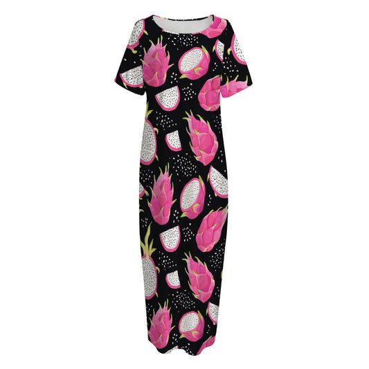 Dragon Fruit Pattern Print Short Sleeve Long Nightdress