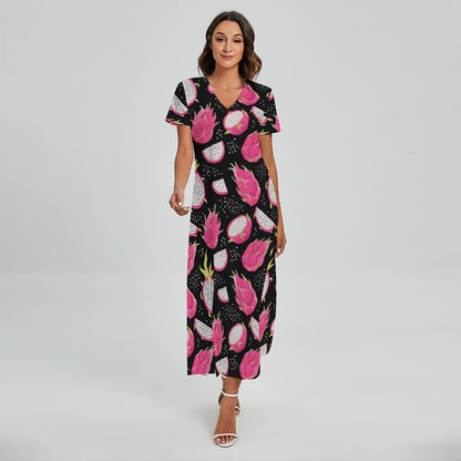 Dragon Fruit Pattern Print Short Sleeve Maxi Dress