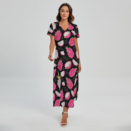 Dragon Fruit Pattern Print Short Sleeve Maxi Dress
