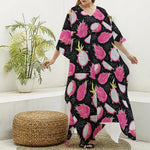 Dragon Fruit Pattern Print Silk V-Neck Kaftan Dress