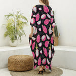Dragon Fruit Pattern Print Silk V-Neck Kaftan Dress