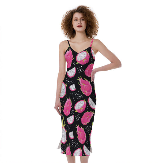 Dragon Fruit Pattern Print Slim Fit Midi Cami Dress