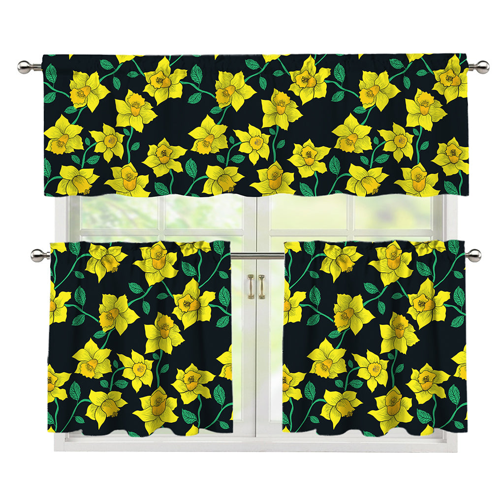 Drawing Daffodil Flower Pattern Print 3 Piece Kitchen Curtains