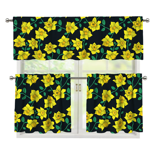 Drawing Daffodil Flower Pattern Print 3 Piece Kitchen Curtains
