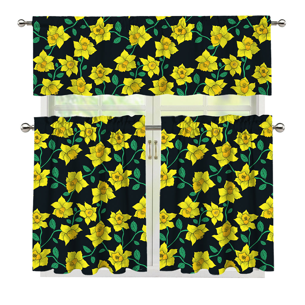 Drawing Daffodil Flower Pattern Print 3 Piece Kitchen Curtains