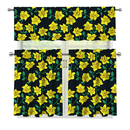 Drawing Daffodil Flower Pattern Print 3 Piece Kitchen Curtains