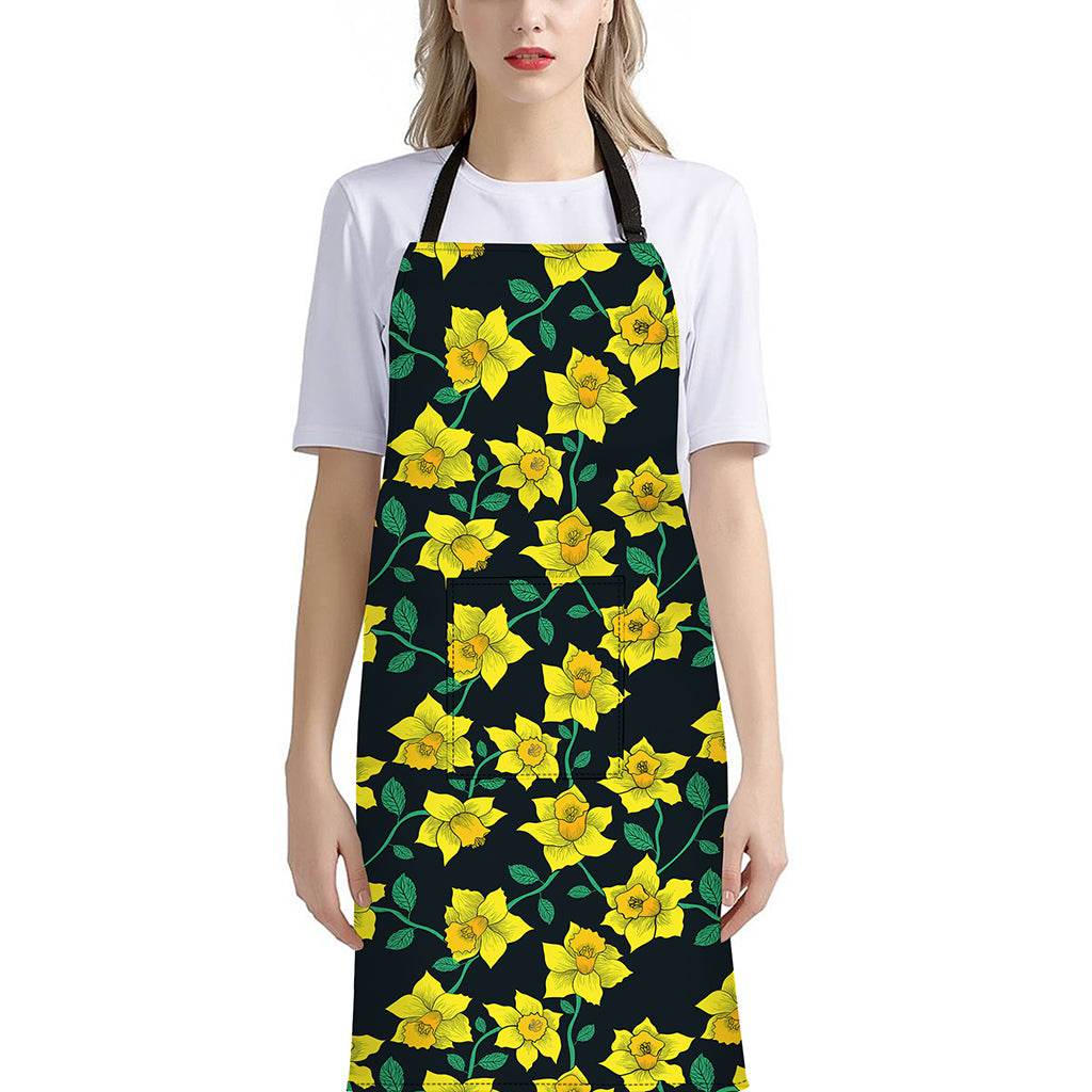 Drawing Daffodil Flower Pattern Print Bib Apron With Pocket