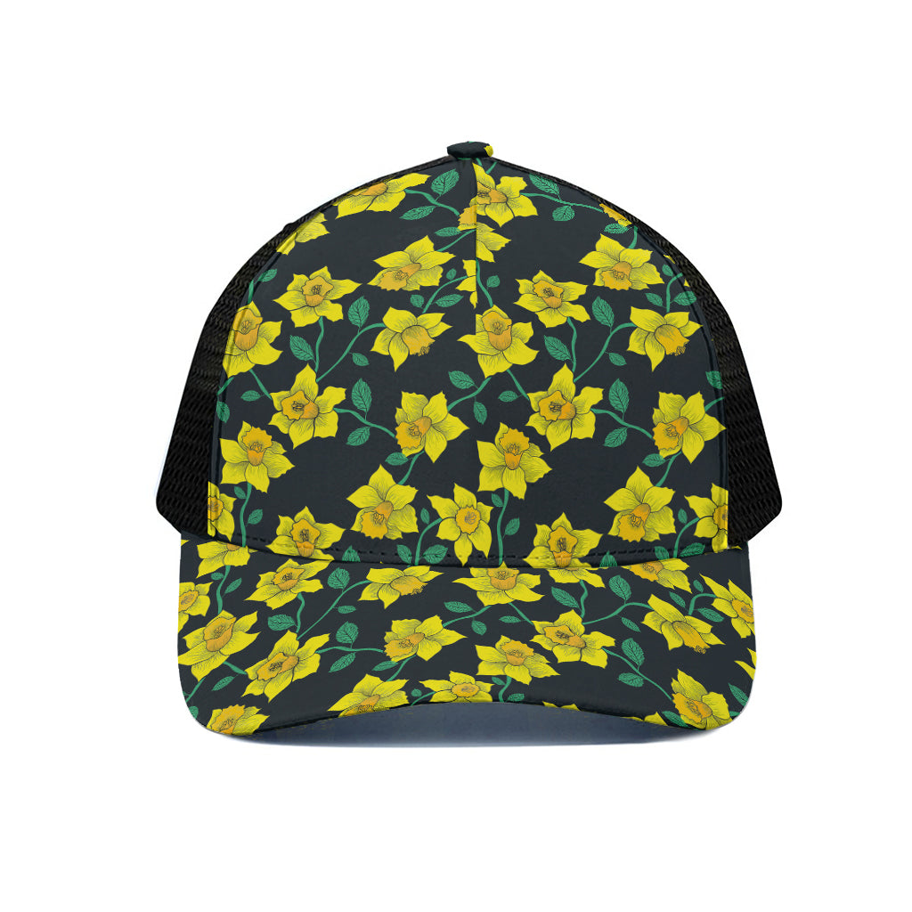 Drawing Daffodil Flower Pattern Print Black Mesh Trucker Cap
