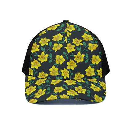 Drawing Daffodil Flower Pattern Print Black Mesh Trucker Cap