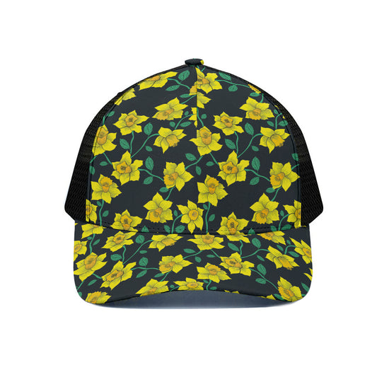 Drawing Daffodil Flower Pattern Print Black Mesh Trucker Cap