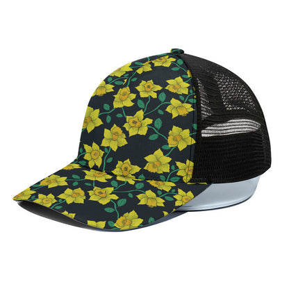 Drawing Daffodil Flower Pattern Print Black Mesh Trucker Cap