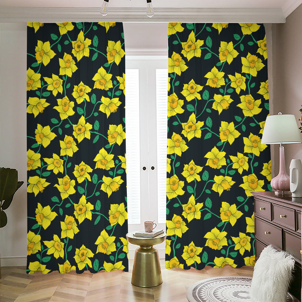 Drawing Daffodil Flower Pattern Print Blackout Pencil Pleat Curtains