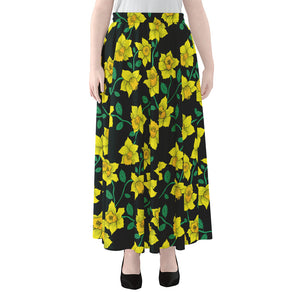 Drawing Daffodil Flower Pattern Print Chiffon Maxi Skirt