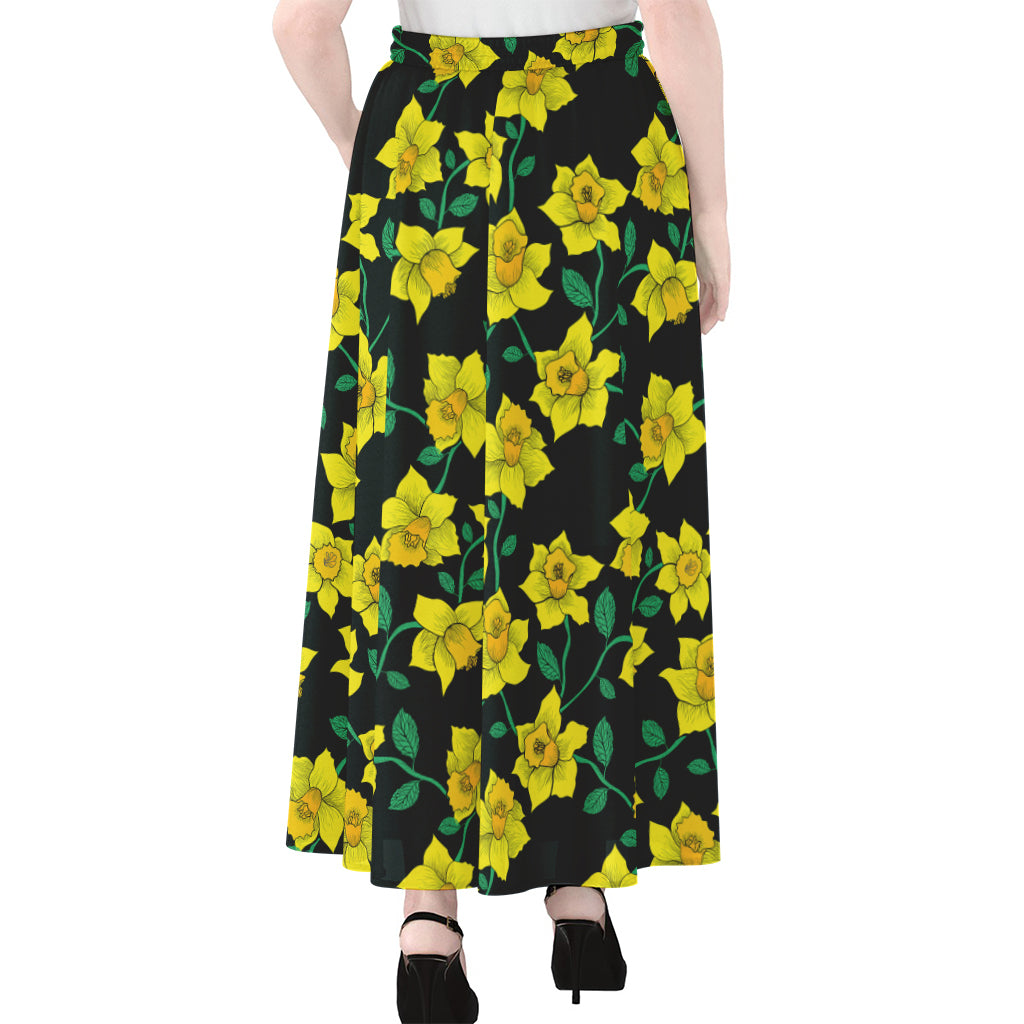 Drawing Daffodil Flower Pattern Print Chiffon Maxi Skirt