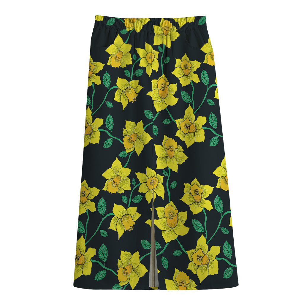 Drawing Daffodil Flower Pattern Print Cotton Front Slit Maxi Skirt