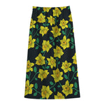 Drawing Daffodil Flower Pattern Print Cotton Front Slit Maxi Skirt