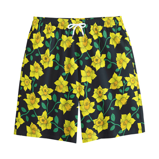 Drawing Daffodil Flower Pattern Print Cotton Shorts