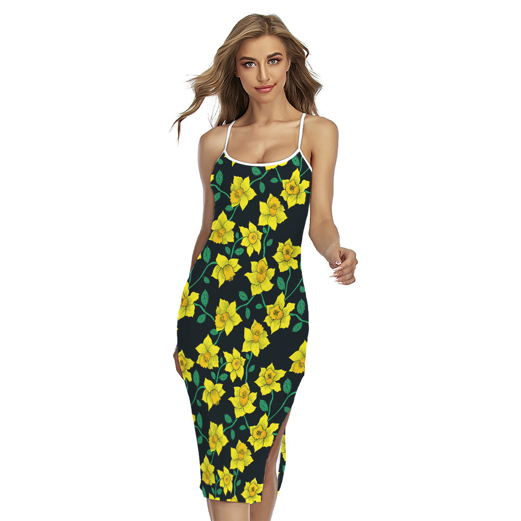 Drawing Daffodil Flower Pattern Print Cross Back Cami Dress