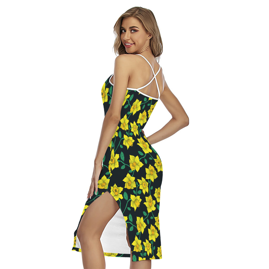 Drawing Daffodil Flower Pattern Print Cross Back Cami Dress