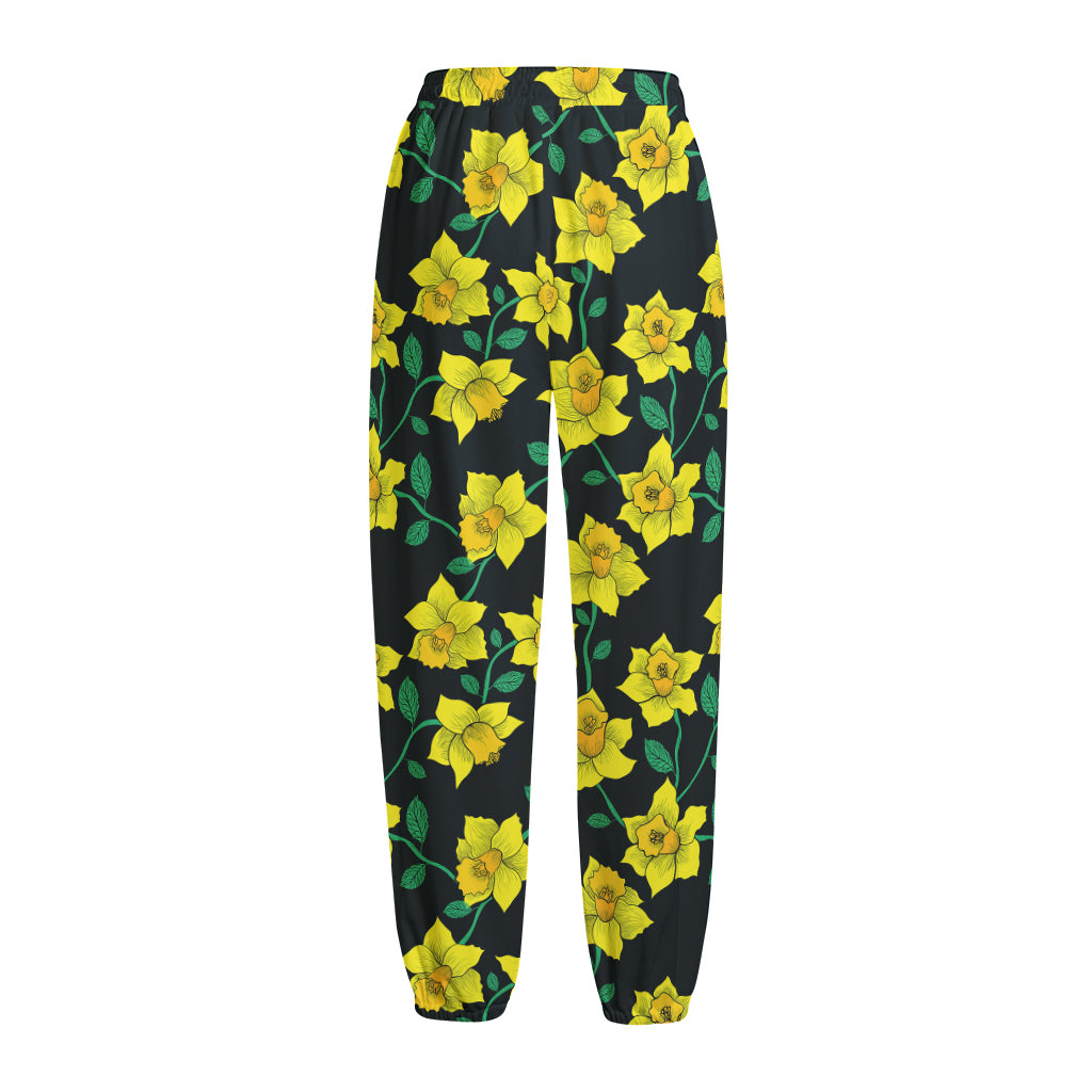 Drawing Daffodil Flower Pattern Print Fleece Lined Knit Pants