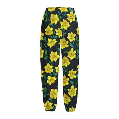 Drawing Daffodil Flower Pattern Print Fleece Lined Knit Pants