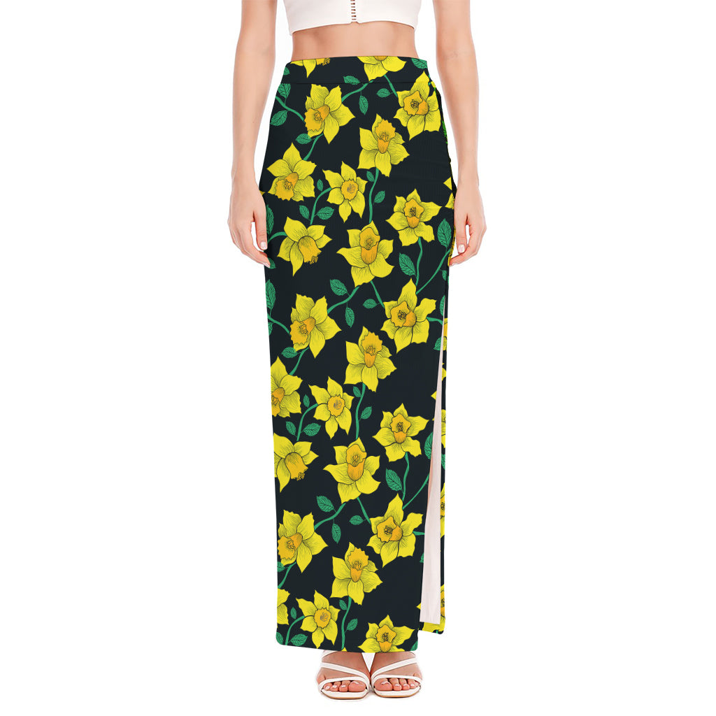 Drawing Daffodil Flower Pattern Print High Slit Maxi Skirt