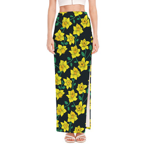 Drawing Daffodil Flower Pattern Print High Slit Maxi Skirt