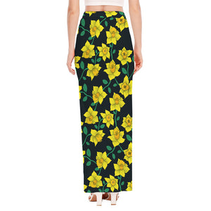 Drawing Daffodil Flower Pattern Print High Slit Maxi Skirt