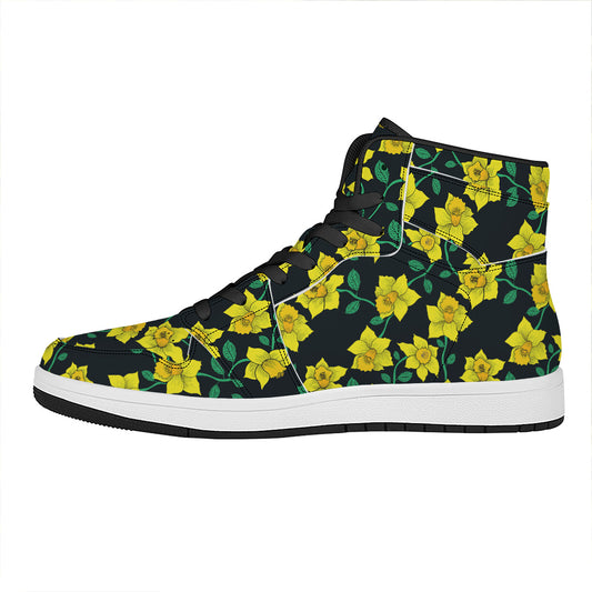 Drawing Daffodil Flower Pattern Print High Top Leather Sneakers
