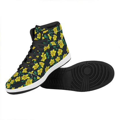 Drawing Daffodil Flower Pattern Print High Top Leather Sneakers
