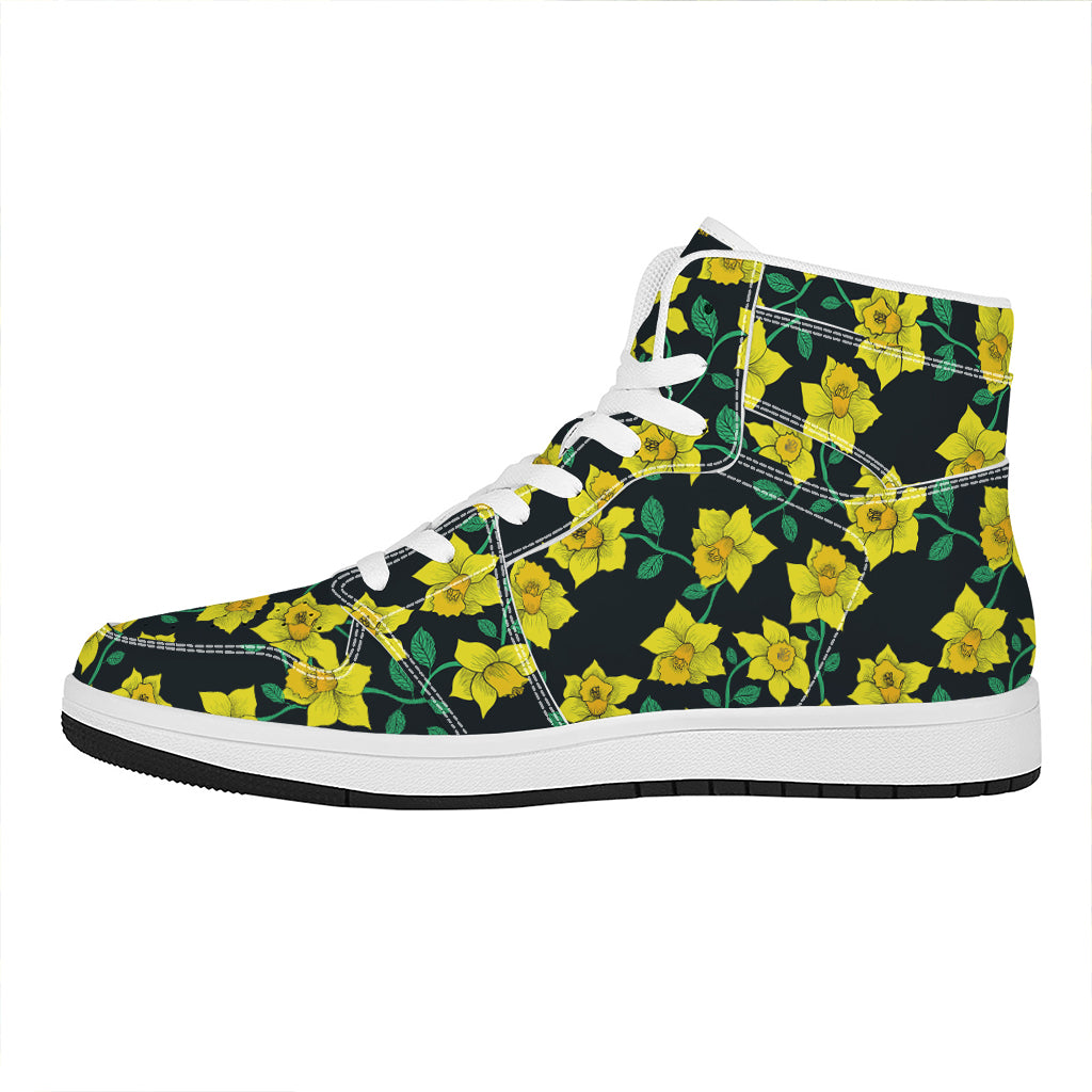 Drawing Daffodil Flower Pattern Print High Top Leather Sneakers