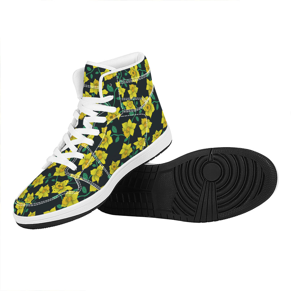 Drawing Daffodil Flower Pattern Print High Top Leather Sneakers