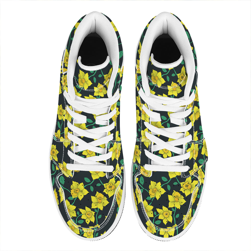 Drawing Daffodil Flower Pattern Print High Top Leather Sneakers